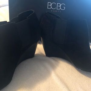 BCBG Paris. Black suede wedge booties. Size 6